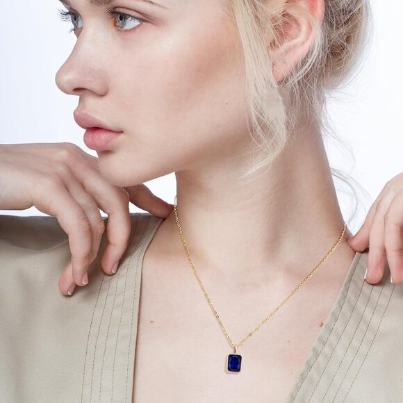 Sapphire Necklaces 14K Gold Dainty Rectangle Necklace Birthstone Navy Blue Penda - Picture 2 of 7